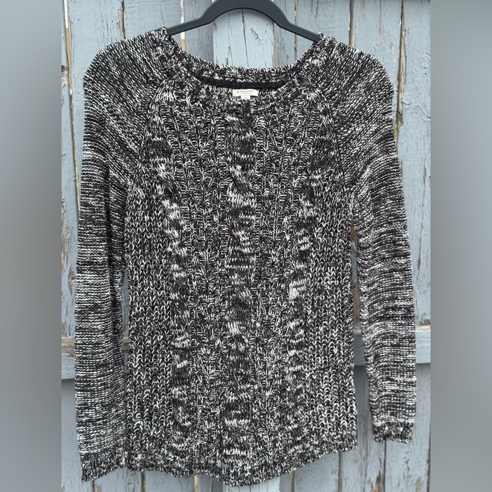 Sonoma Cable Knit Sweater Women’s XS X-Small Black and White Crew Style